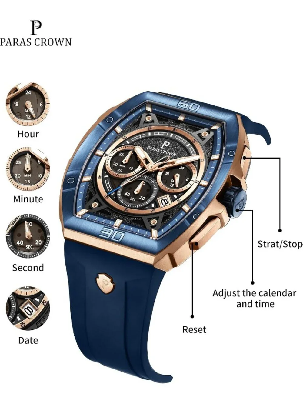 Men's Blue 5ATM Waterproof Quartz Luxury Chronograph Analog Wrist Watches